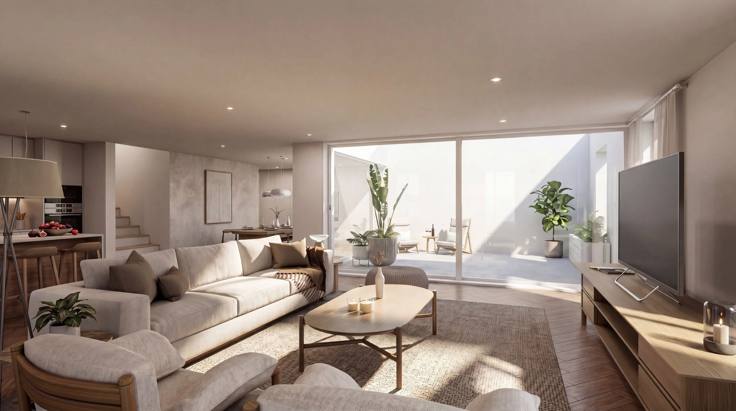 Bright, modern living room with large glass sliding door leading to outdoor patio, beige sectional sofa, wooden coffee table with candles, potted plants, and a flat-screen TV on a wooden stand.