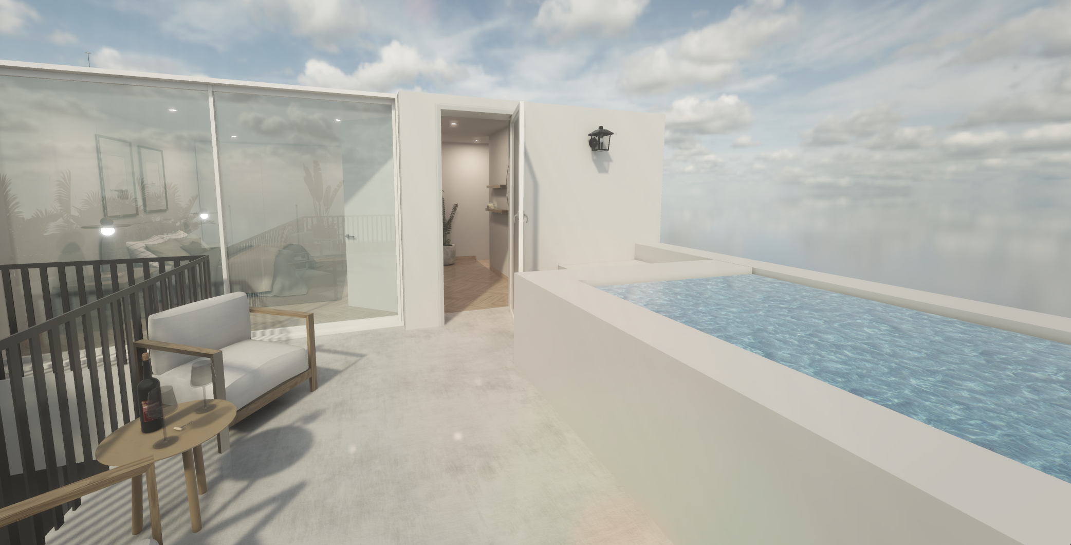Rooftop terrace with a white plunge pool, outdoor seating, and glass doors leading to a bedroom, under a beautiful sky.