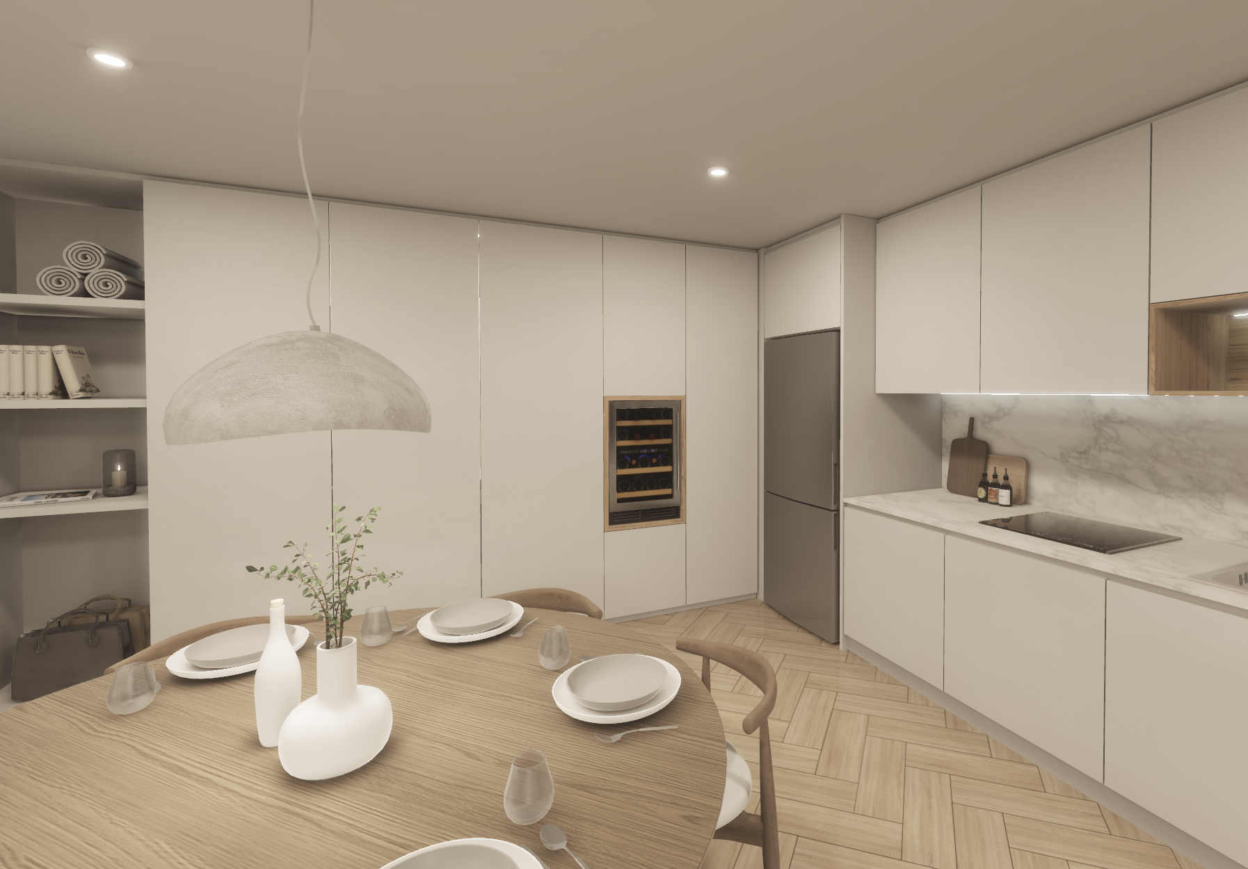 Modern kitchen with a round dining table set with white plates, glasses, white vases, and a potted plant. Light wood flooring, white cabinets, marble backsplash, built-in wine cooler, and stainless steel refrigerator. Pendant light hanging above the table.