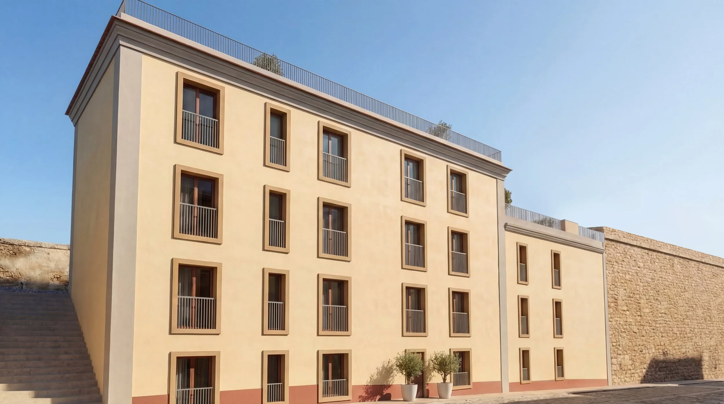 A rendering of The Triangle Facade. 2 - 3 bedroom homes in a revitalized Portimão building with multiple windows, small balconies, large rooftop terrace and potted plants outside, against a clear blue sky.