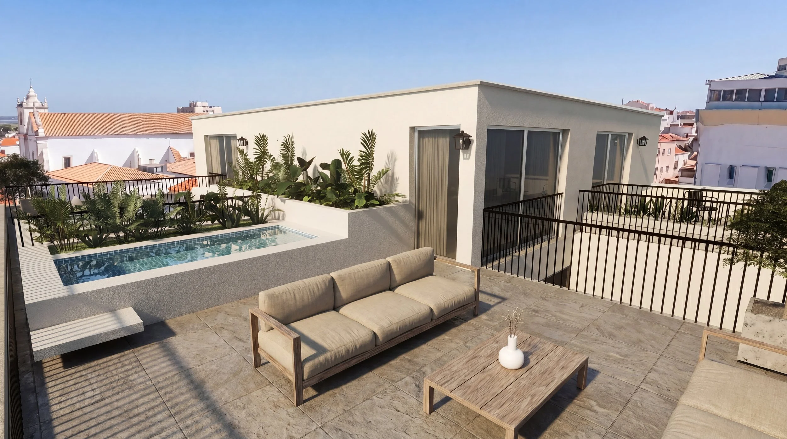 Rooftop outdoor terrace with seating area, small pool, potted plants, and cityscape background.