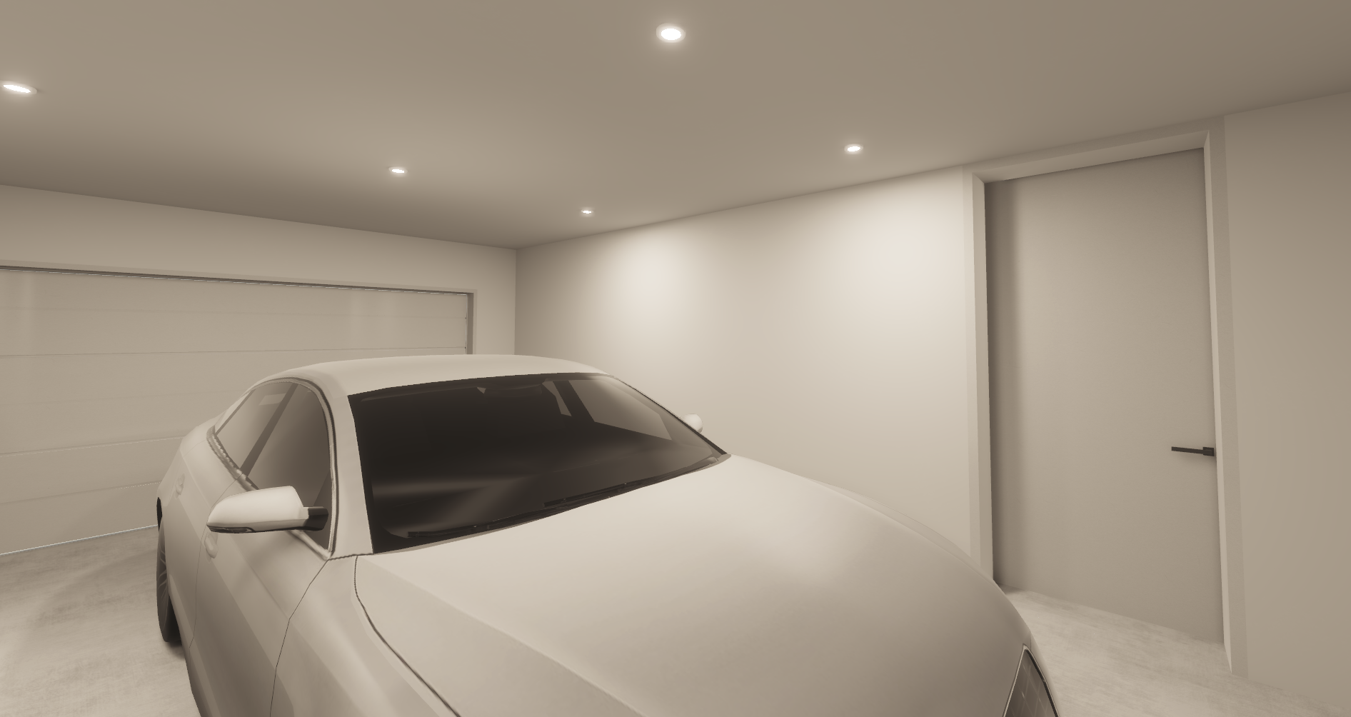 A white sports car parked in a modern garage with white walls, recessed lighting, and a closed garage door.