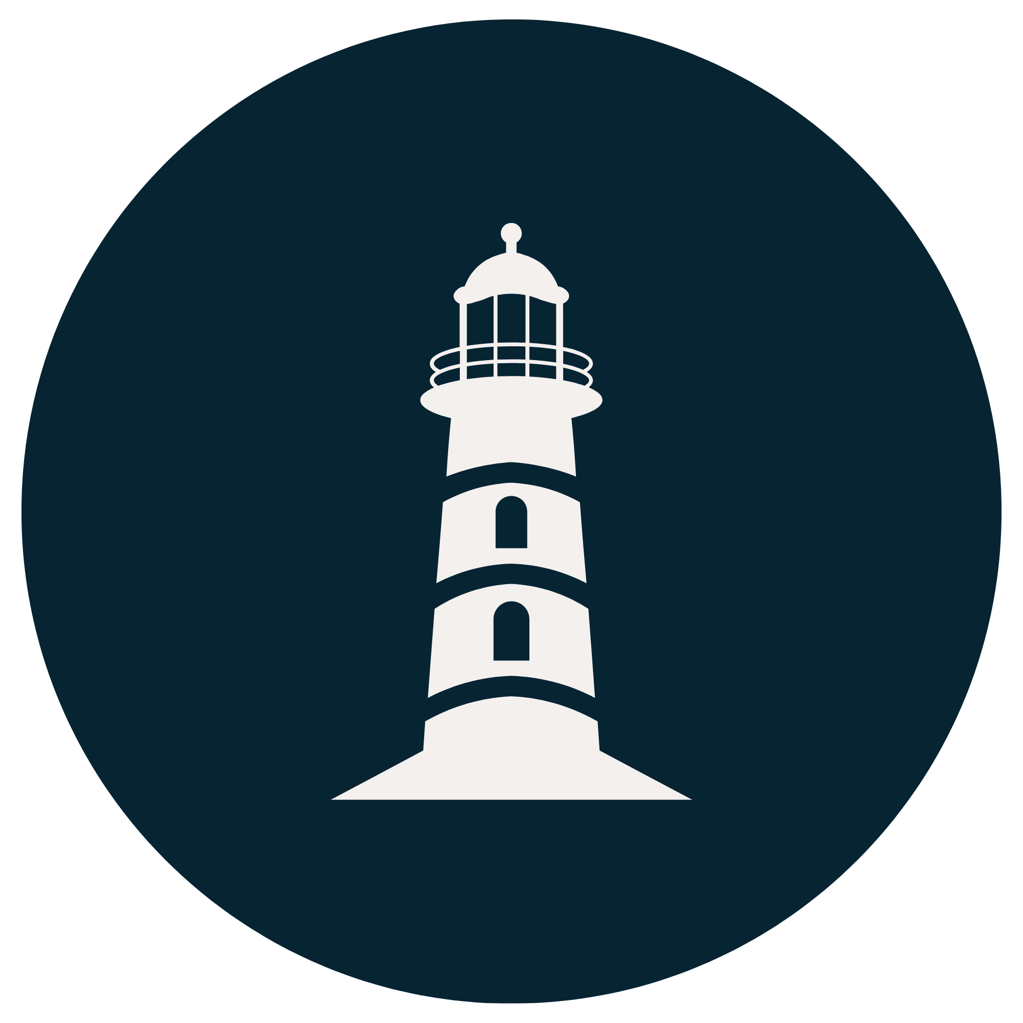 A stylized icon of a lighthouse with a dark background and a circular design element.