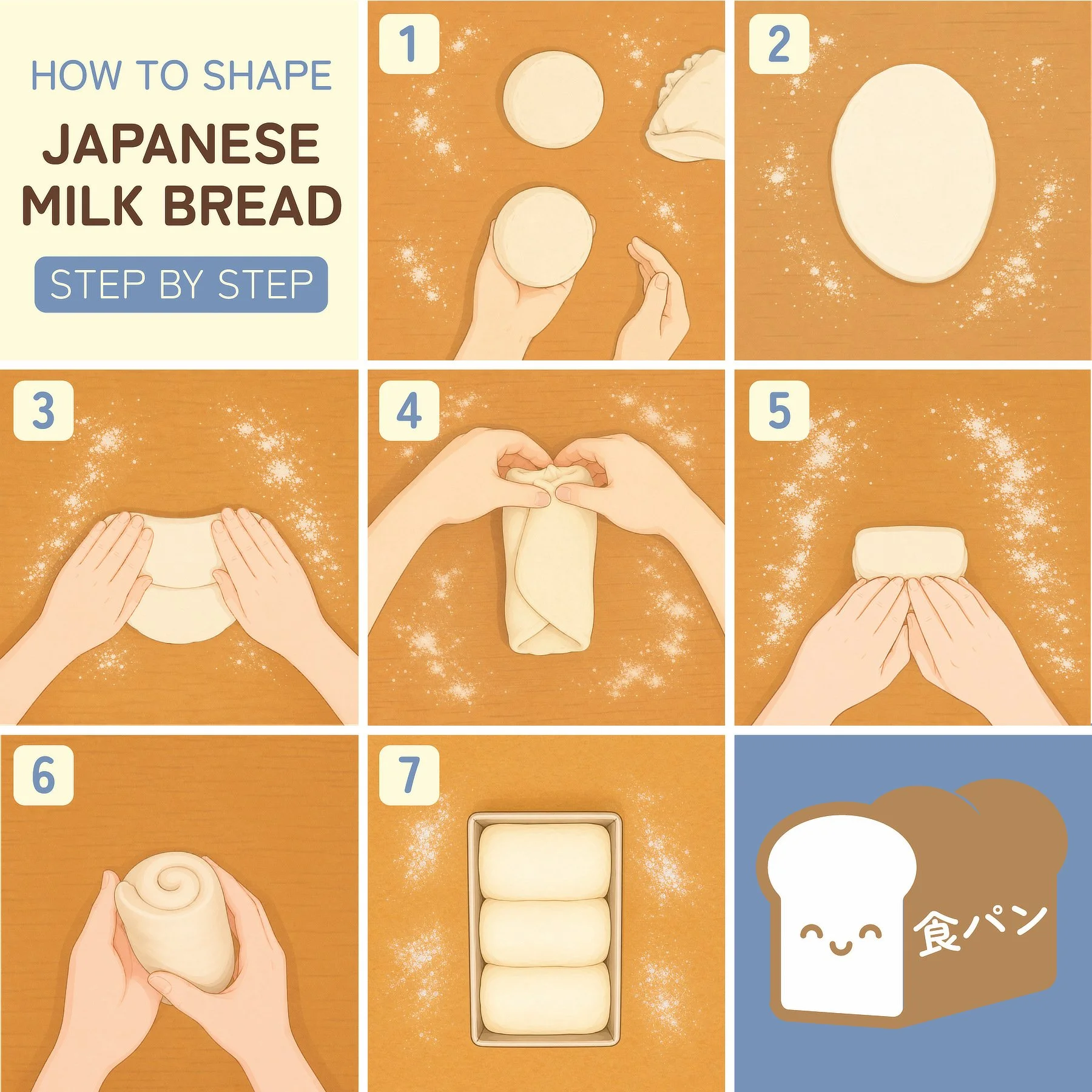 Illustrated step-by-step guide showing hands shaping Japanese milk bread dough, and placing three rolled pieces in a loaf pan.
