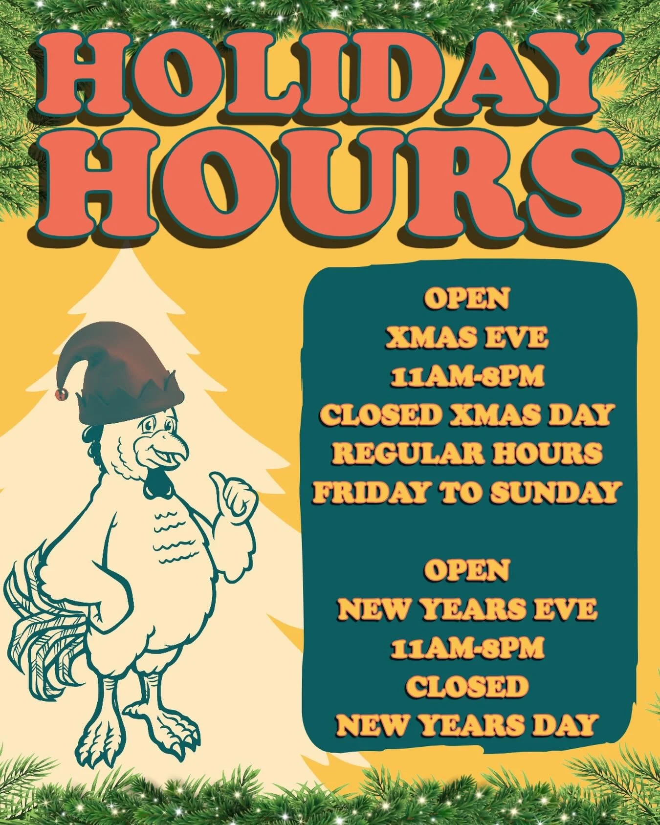 Get those holiday buckets lined up! Open Xmas Eve until 8pm so you have plenty of time to stuff yr stocking with some whirled famous potatoes n gravy. Shutting her down Christmas Day. Back at it the rest of of the weekend. Same deal for NYE and New Y