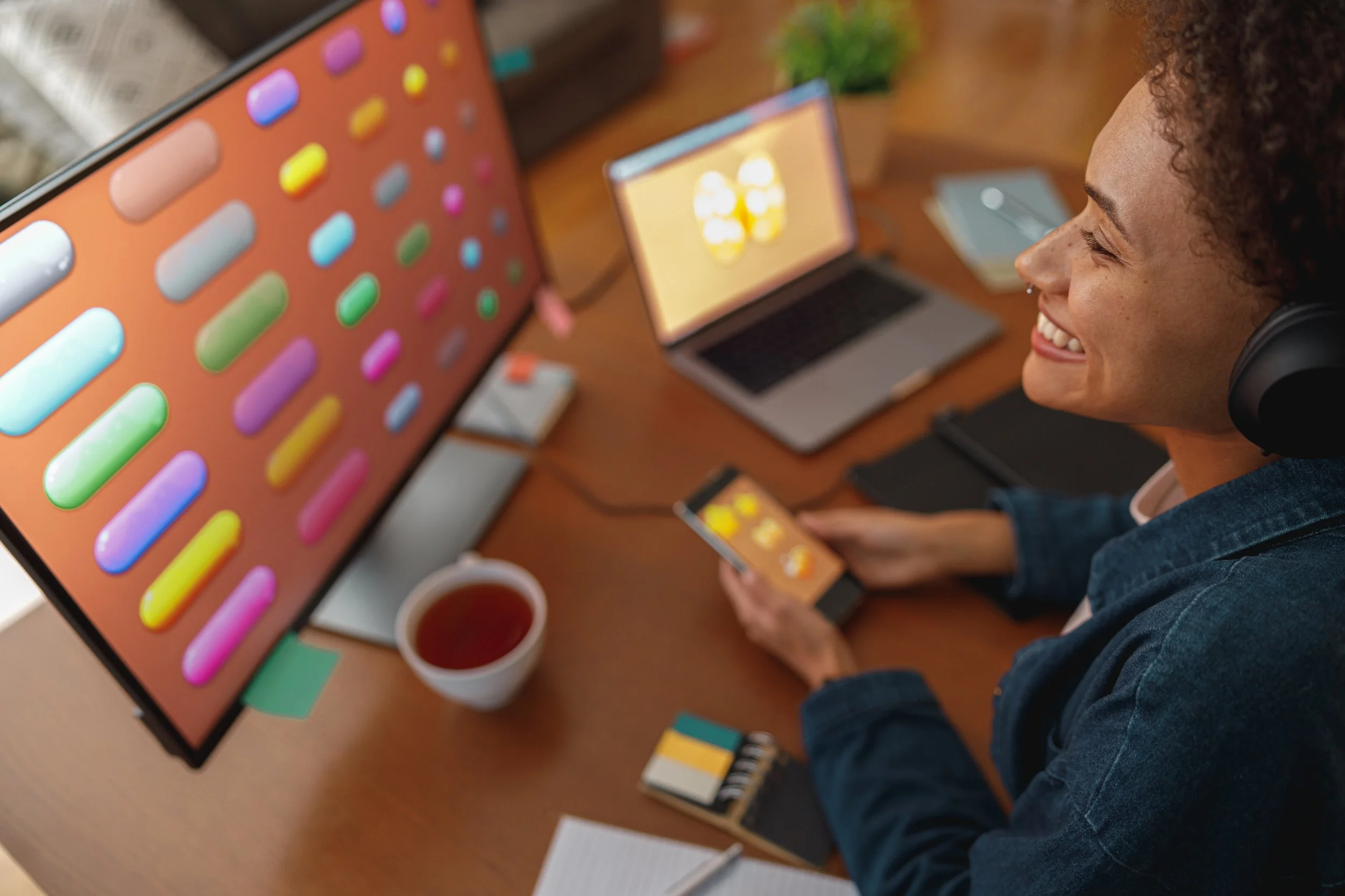 A woman with curly hair smiling while looking at her smartphone, with multiple screens and devices displaying colorful app icons and graphics, on a wooden desk with notebooks, papers, a potted plant, and cups of tea.