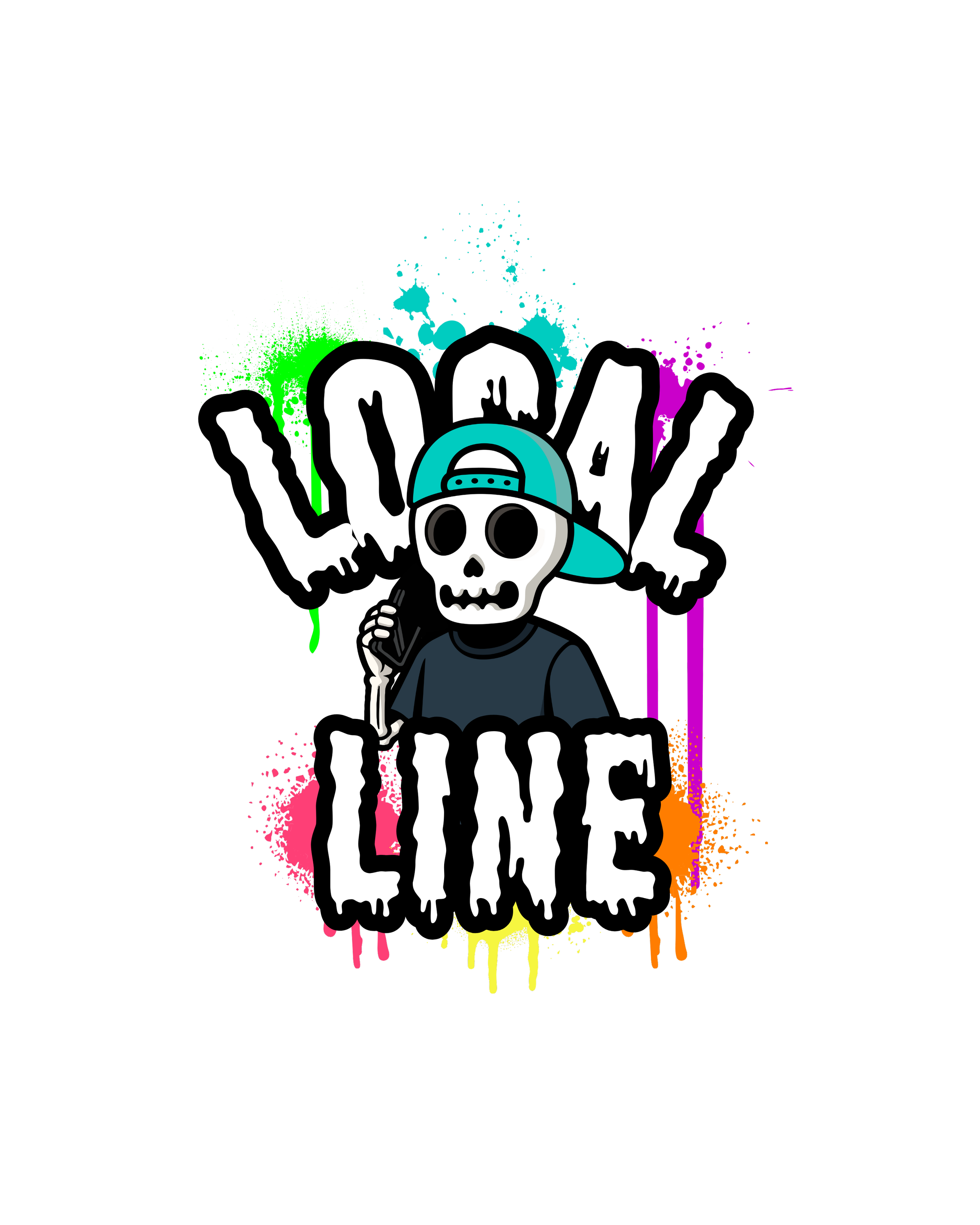 A cartoon skeleton wearing a blue cap and black shirt, holding a phone, with the words 'Dead Line' displayed in a graffiti-style font with colorful splashes behind.