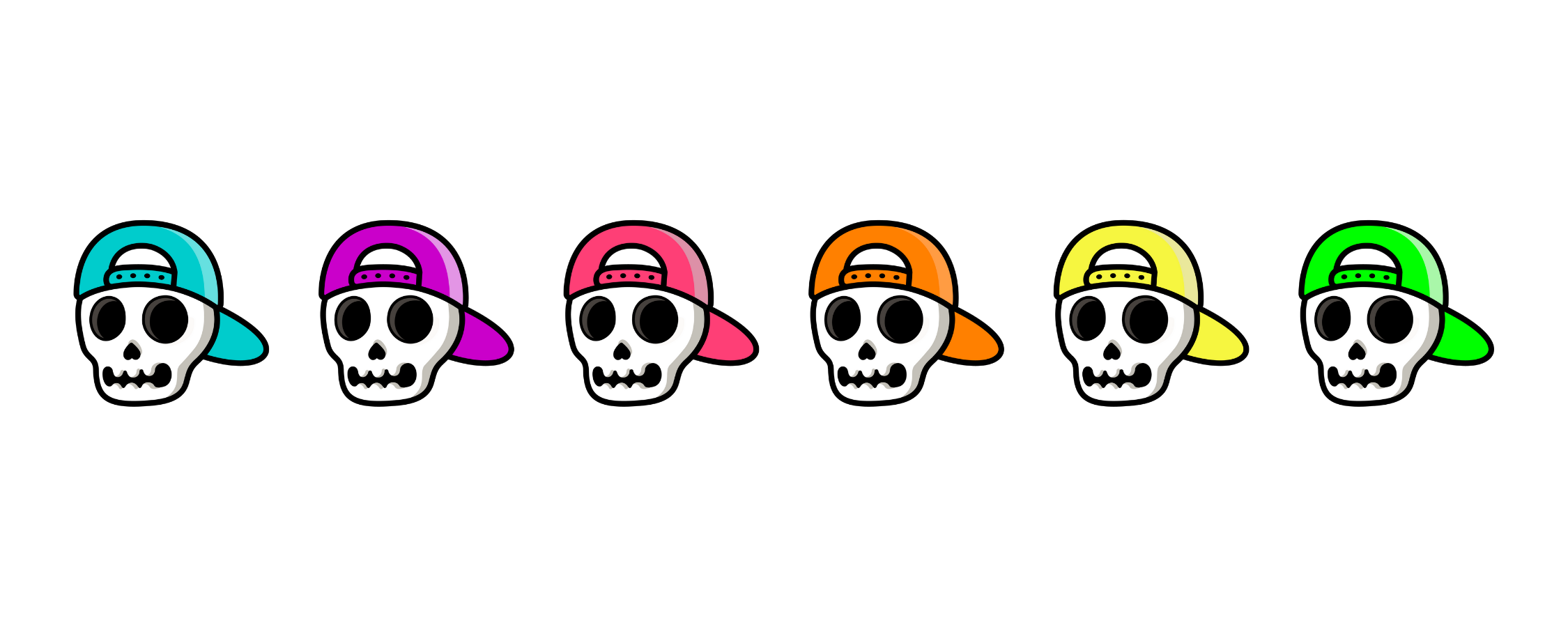 Six cartoon skulls wearing colorful baseball caps tilted to the side, arranged in a row on a black background.