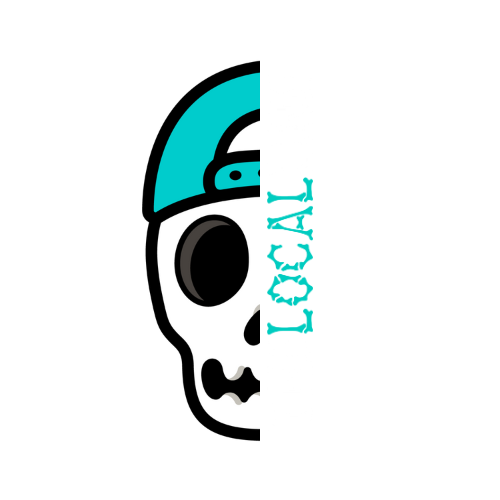 A stylized skull with half of it wearing a teal baseball cap and the other half showing a white skull with black eye sockets; vertical text next to the skull reads 'THE LOCAL LINE' in blue and white letters.