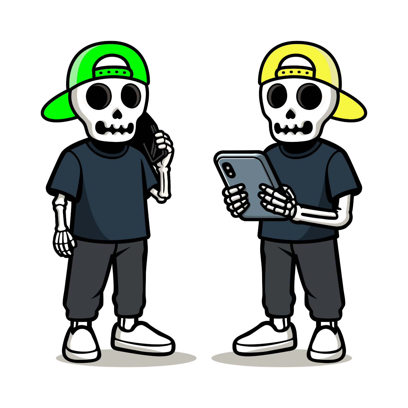 Two cartoon skeletons wearing black t-shirts, black pants, and white shoes, with colorful caps (one green and one yellow), against a black background. One skeleton is holding a smartphone to its ear, while the other is using a tablet.