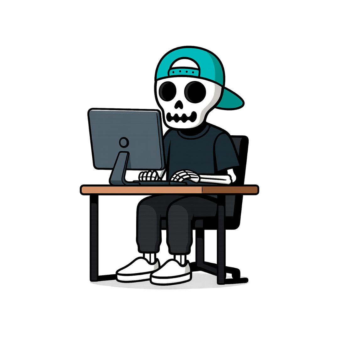 Cartoon skeleton wearing a green baseball cap and black t-shirt, sitting at a desk and using a computer.