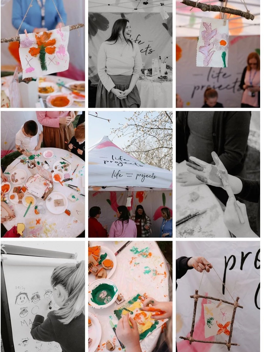  collage of photos showing children and adults participating in arts and crafts activities at an outdoor event with a tent that has 'life projects' written on it.