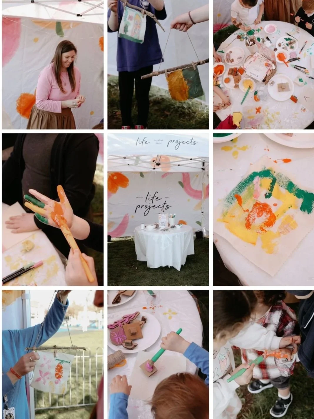 Children and adults participating in arts and crafts activities at an outdoor event, including painting on fabric, making crafts with clay, and a display booth with art projects.