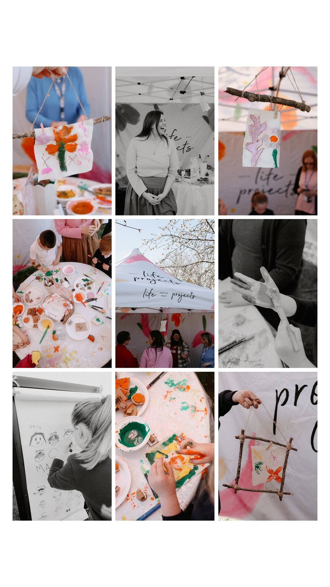  collage of photos showing children and adults participating in arts and crafts activities at an outdoor event with a tent that has 'life projects' written on it.