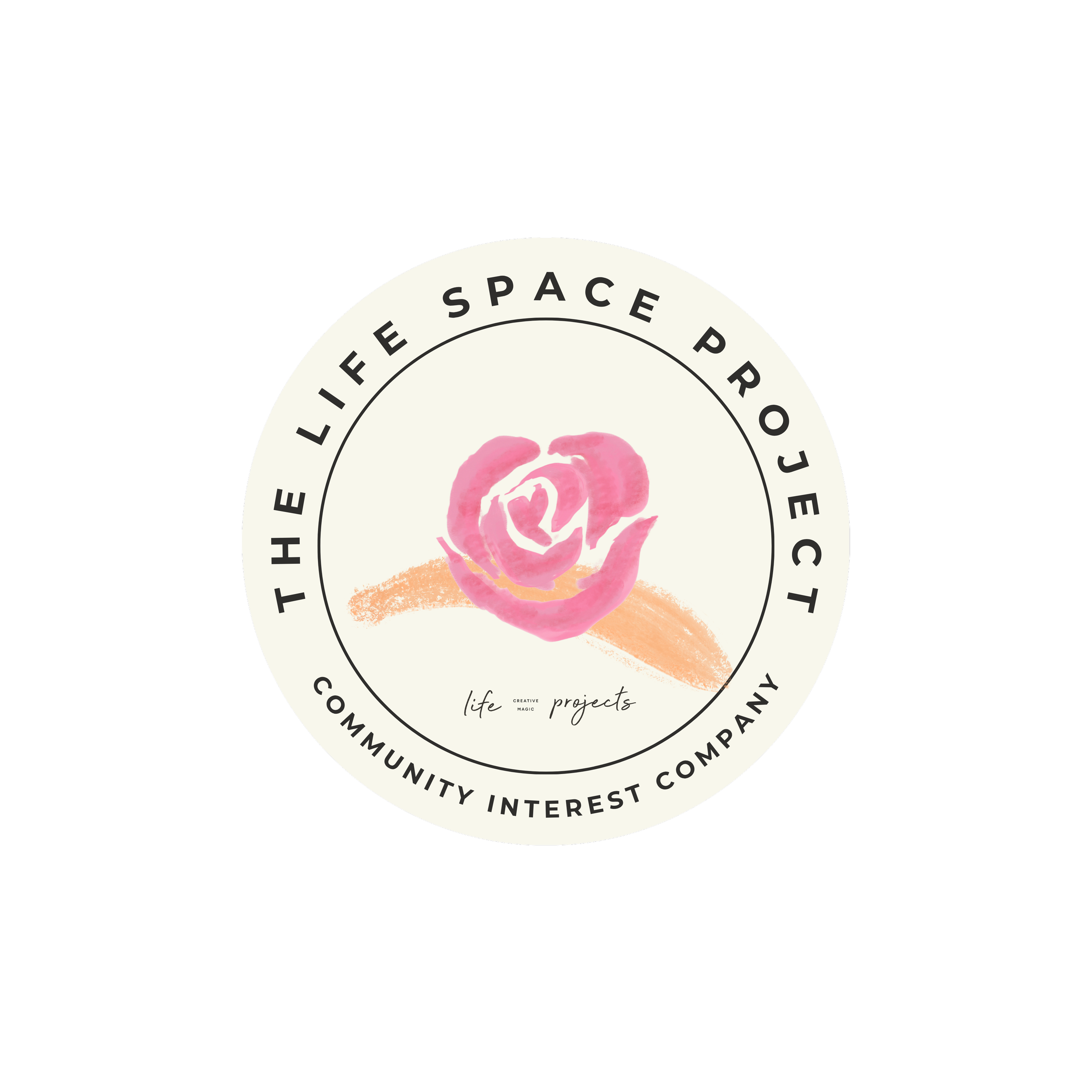 A circular logo with a white background and black text. The inner circle features a pink watercolor illustration of a rosy flower, and the outer circle contains the words "LIFE PROJECTS," "COMMUNITY INTEREST," and "HEALTH" arranged around it.