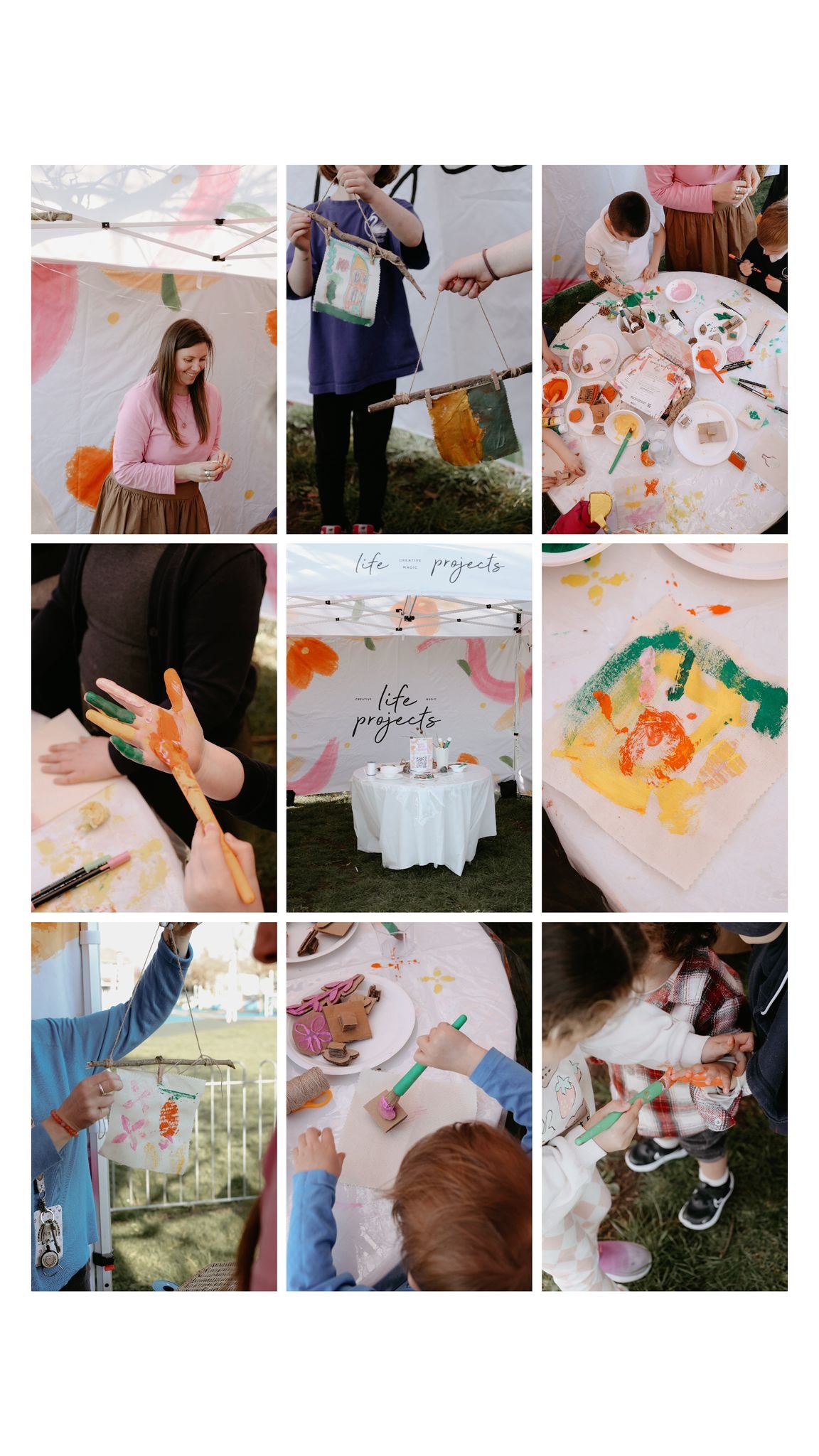 Children and adults participating in arts and crafts activities at an outdoor event, including painting on fabric, making crafts with clay, and a display booth with art projects.
