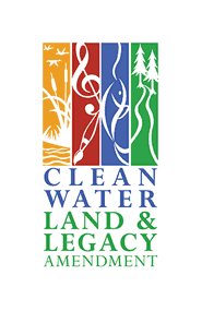 Graphic logo with yellow, red, blue & green that says, "Clean Water Land & Legacy Amendment"