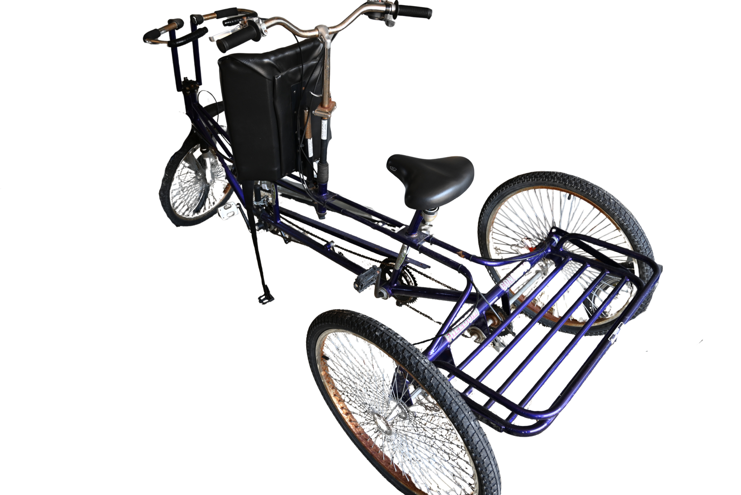 Dark blue bike with a front seat and a back seat