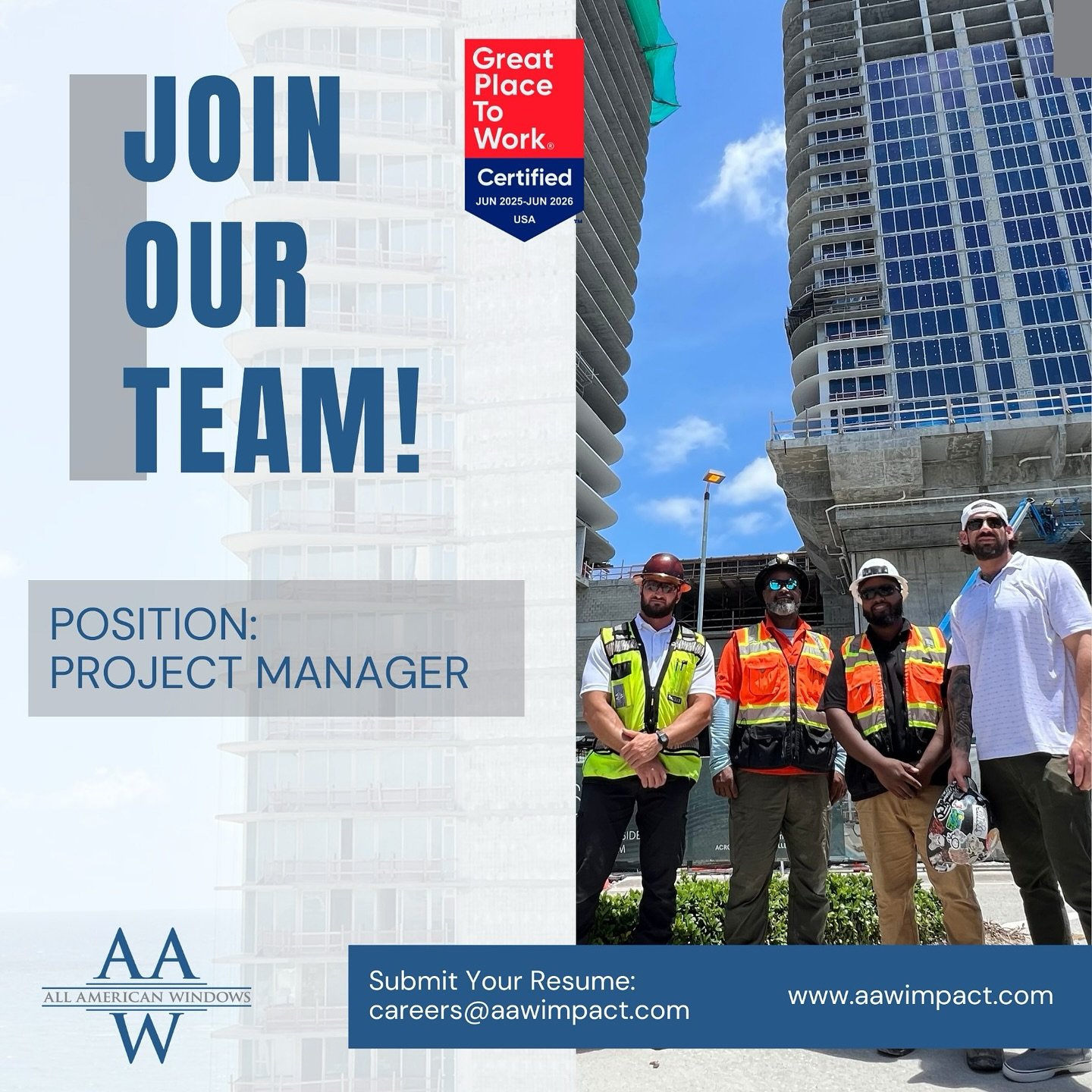 We&rsquo;re Hiring!

All American Windows &amp; Doors is looking for a Project Manager to join our growing team.

If you&rsquo;re experienced in construction management, detail-oriented, and ready to take on exciting projects across South Florida, we