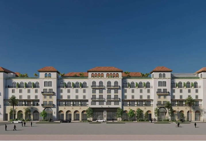 The five-story hotel with 201 rooms will be located on North Railroad Avenue, anchoring 150,000 square-feet of commercial, restaurant, retail, office and wellness spaces.