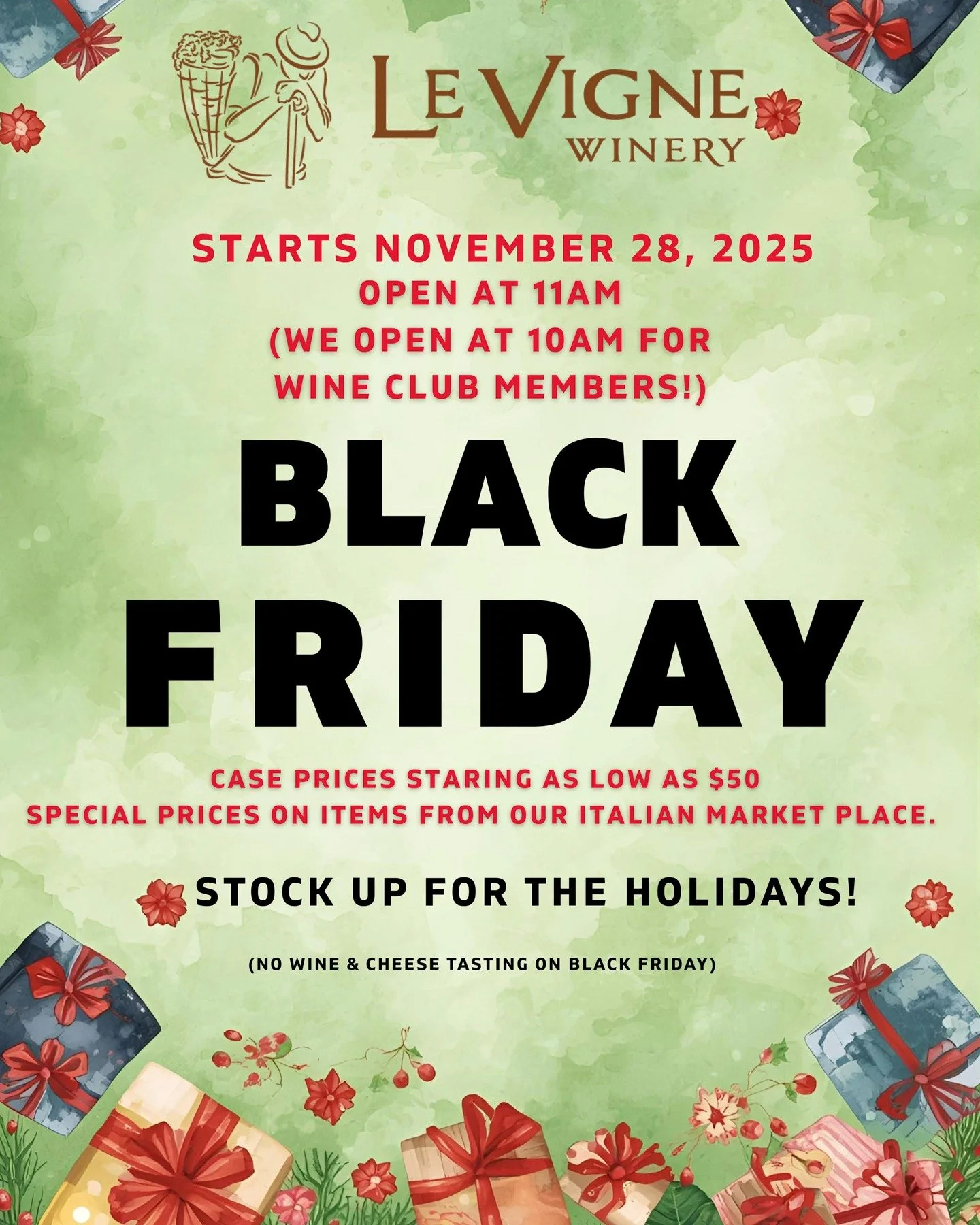 Black Friday deals are coming!  Join us Friday, November 28th, from  11 AM to 5 PM. (We open at 10 AM for our Club Members!) Come shop our $50 case specials and enjoy additional discounts on wine favorites like the 2021 Nikiara and 2019 Reserve Cab. 