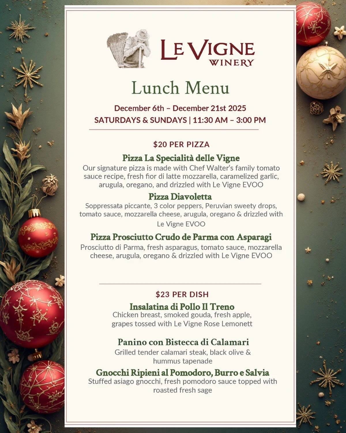 Our new December menu is out! We will be serving this delightful lunch at our Paso Robles Tasting Room on Saturday and Sunday, 11:30 AM to 3:00 PM. Come, bring your friends and family, and enjoy with our signature Wine &amp; Cheese tasting or a glass