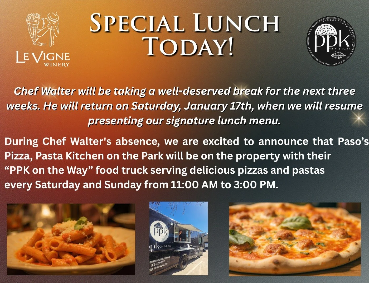 Come enjoy a special lunch with us today with Pizza, Pasta Kitchen on the Park! They will be on the property today serving pizza and pasta for lunch. Come with your family and friends and enjoy a glass or bottle of our exceptional wines.

Serving bet