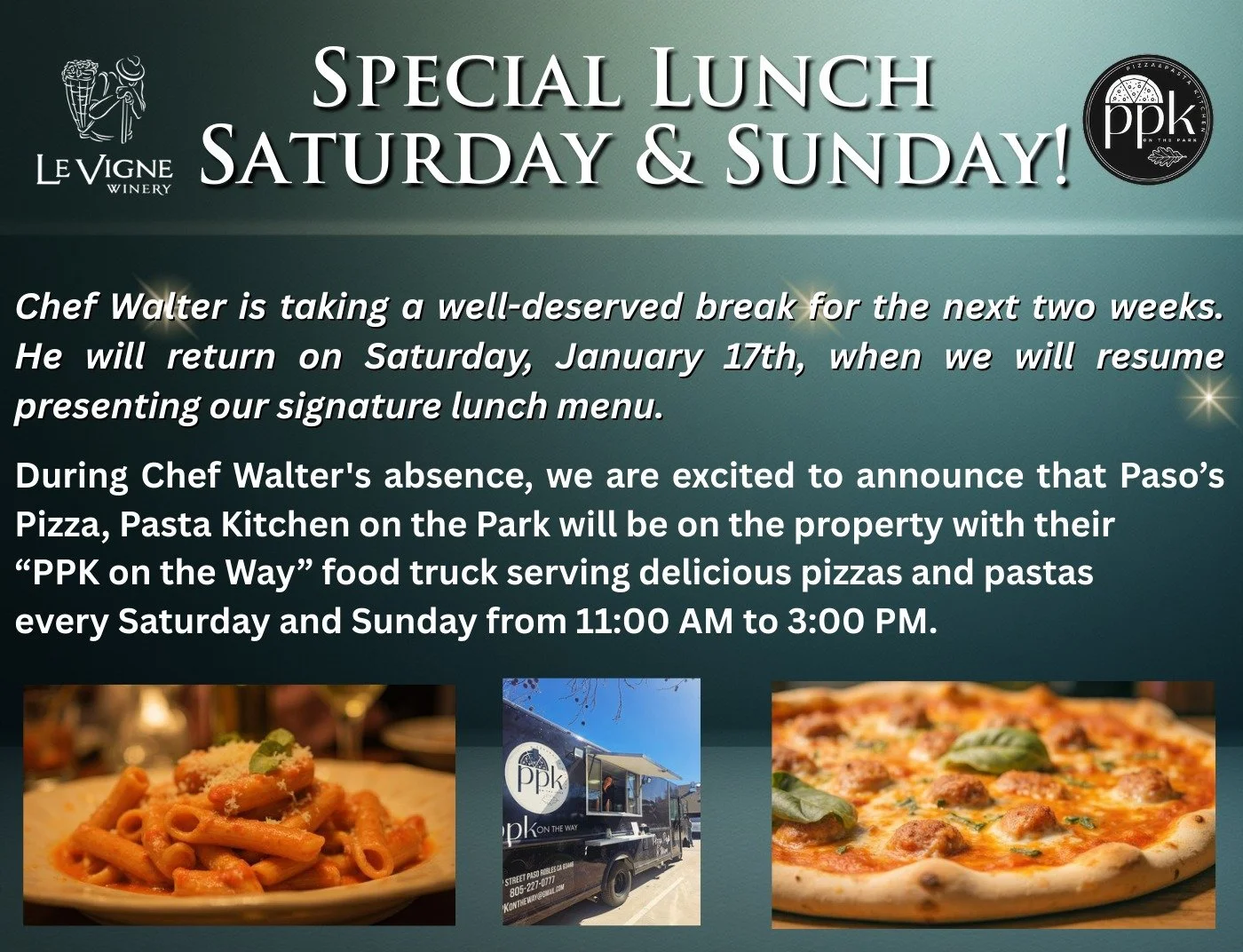 Paso Pizza Kitchen on the Park is back again this weekend while Chef Walter takes a much-deserved break.  So come out and see us this weekend and enjoy pizzas and Pasta... Have a glass or bottle of one of our exceptional wines or enjoy our signature 