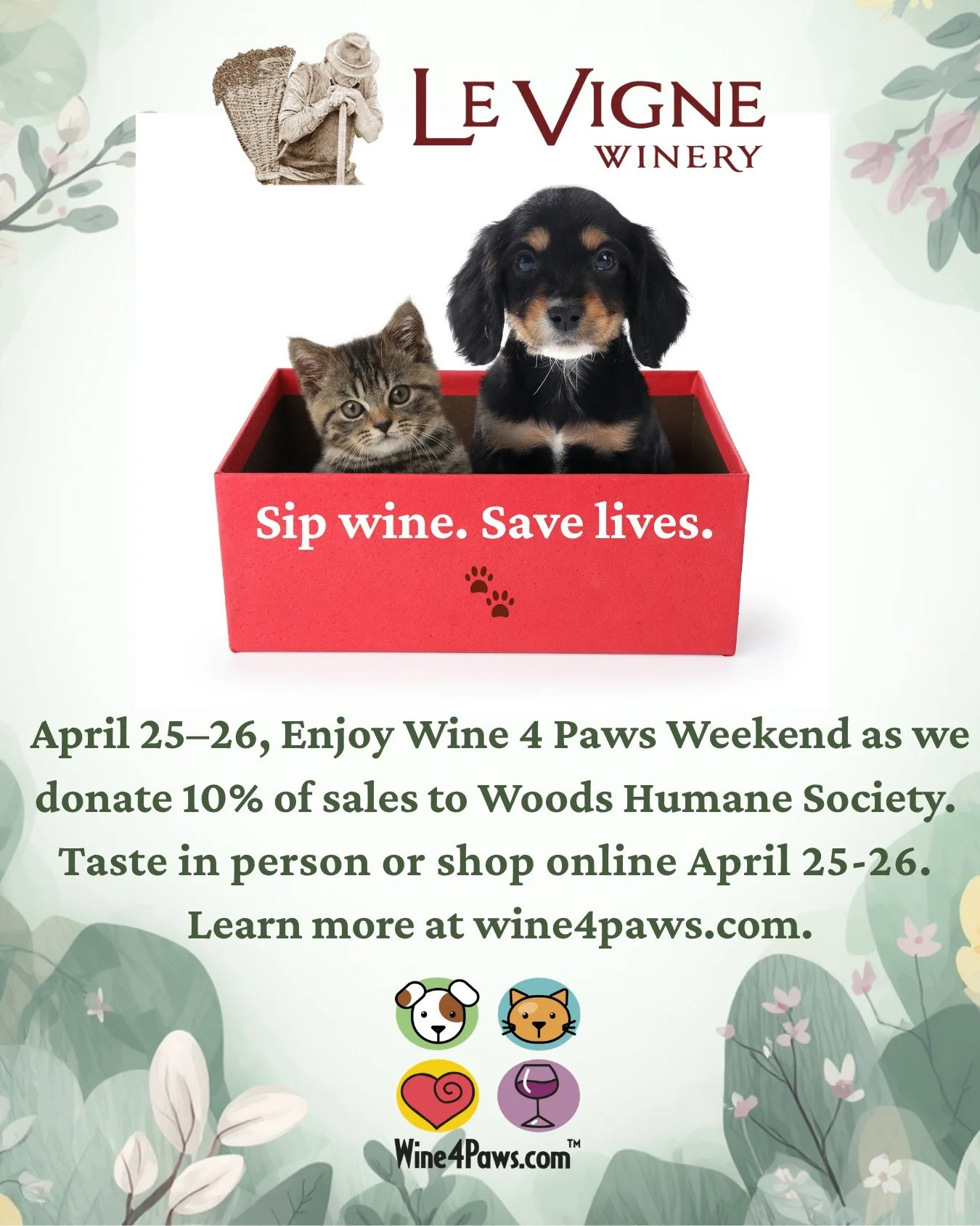 Join us during Wine 4 Paws Weekend, April 25&ndash;26, as we donate 10% of all sales to Woods Humane Society!

Come enjoy our signature Wine &amp; Cheese Tasting and have Chef Walter's amazing Italian Lunch! 

(Lunch Served 11:30 AM to 3:00PM) #winef