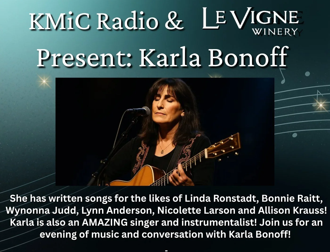 This Friday, April 17th,  7PM to 11PM PST. Join us for an evening of music and conversation with Karla Bonnoff! Just search Facebook Events for KMiC Radio and Karla onoff.