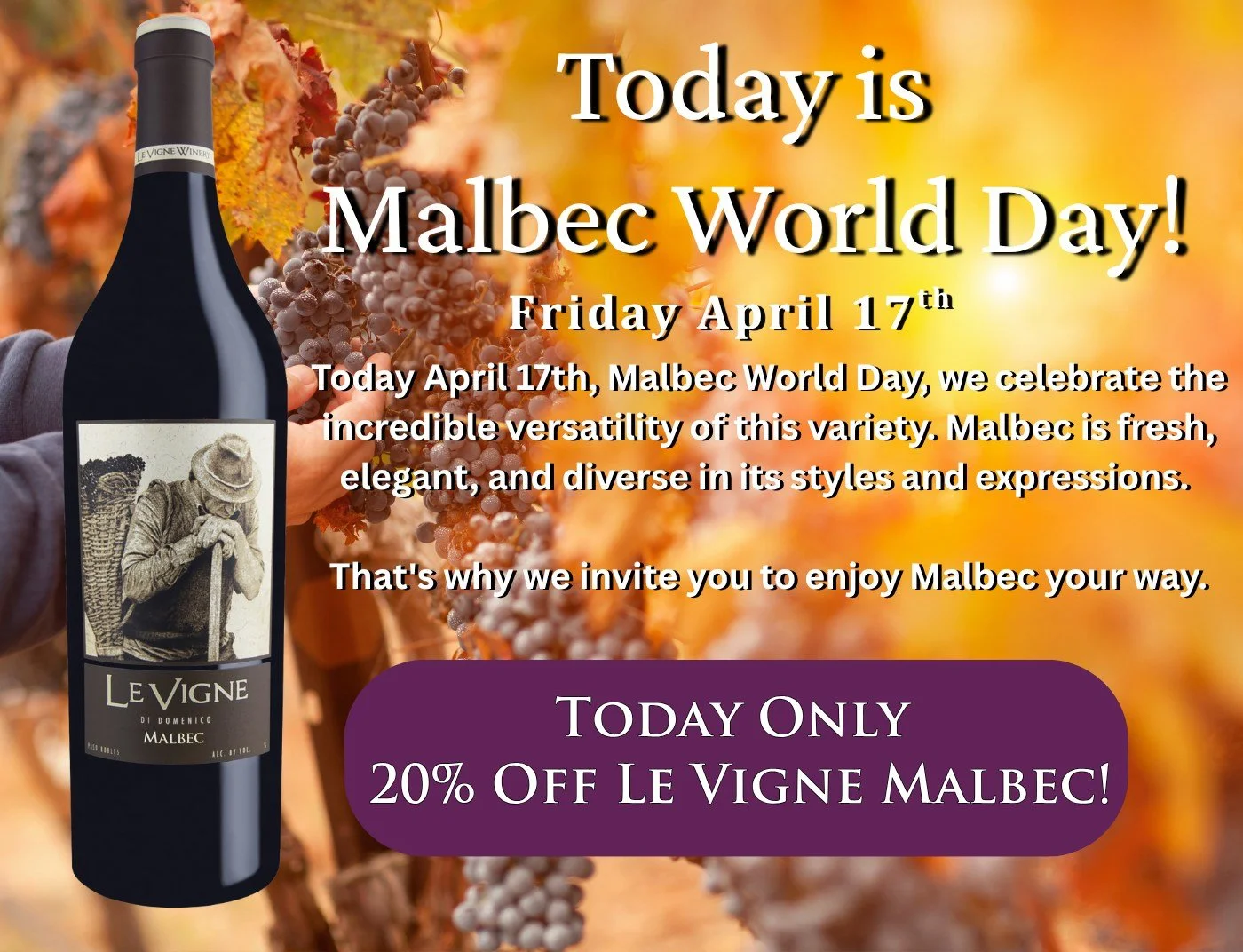 Today, April 17th, Malbec World Day, we celebrate the incredible versatility of this variety. Malbec is fresh, elegant, and diverse in its styles and expressions. 

That's why we invite you to enjoy Malbec your way. Today, only, enjoy Le Vigne Malbec