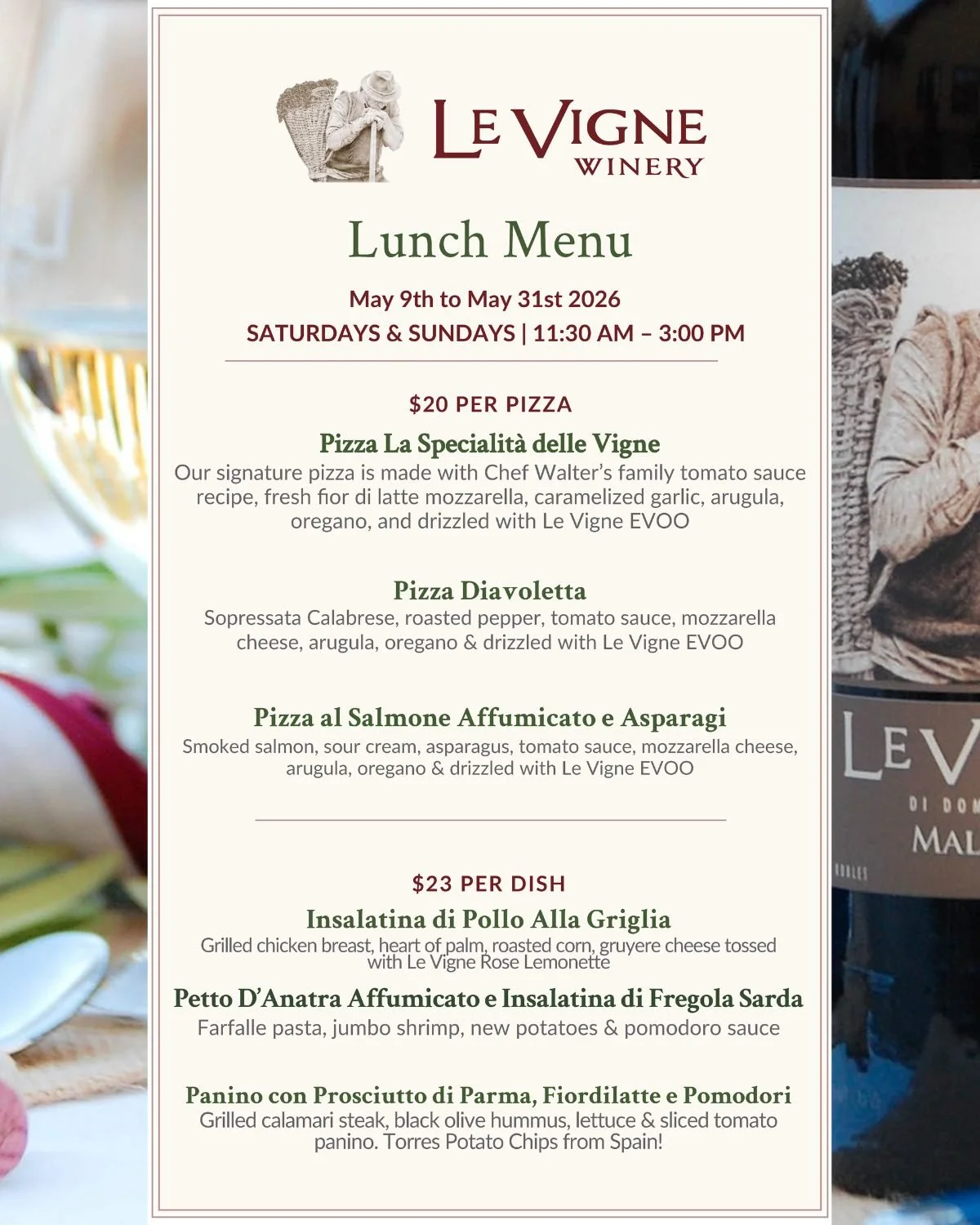 Chef Walter's new menu for May has arrived! Join us Saturday for Wine &amp; Cheese and Lunch. (We will be serving a Special Brunch this Sunday for Mother's Day) Make reservations on Table Agent or call us (805) 277 4000. See you this weekend!