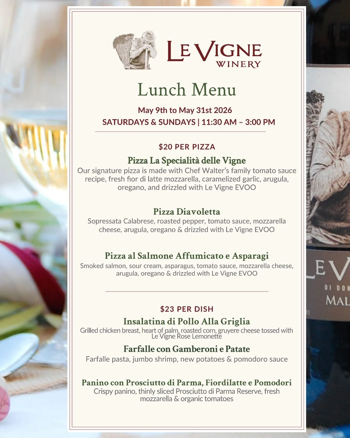 Chef Walter's new menu for May has arrived! Join us Saturday for Wine &amp; Cheese and Lunch. (We will be serving a Special Brunch this Sunday for Mother's Day) Make reservations on Table Agent or call us (805) 277 4000. See you this weekend!