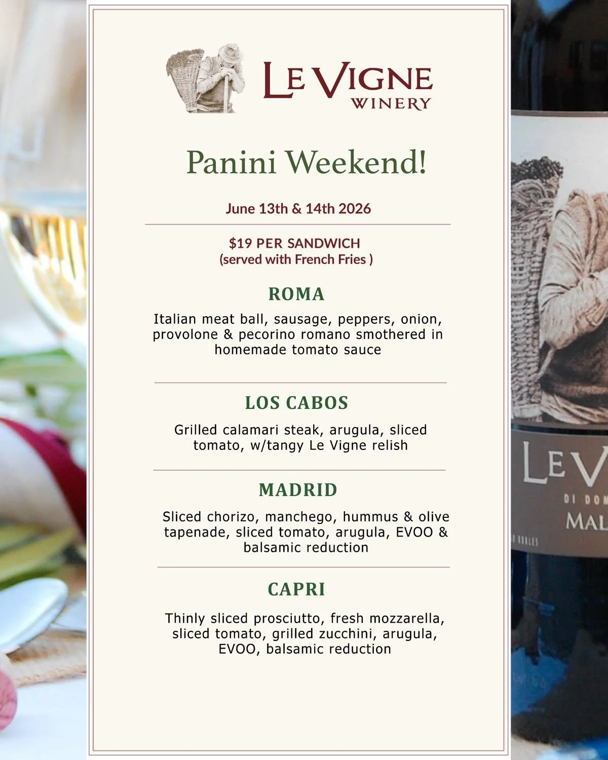 This weekend, we present a Special Panini Weekend! Come enjoy a special menu of Chef Walter&rsquo;s Paninis. 

Choose from a delicious selection featuring seasonal ingredients that celebrate the delicate balance of Italian flavors.

Pair your panini 