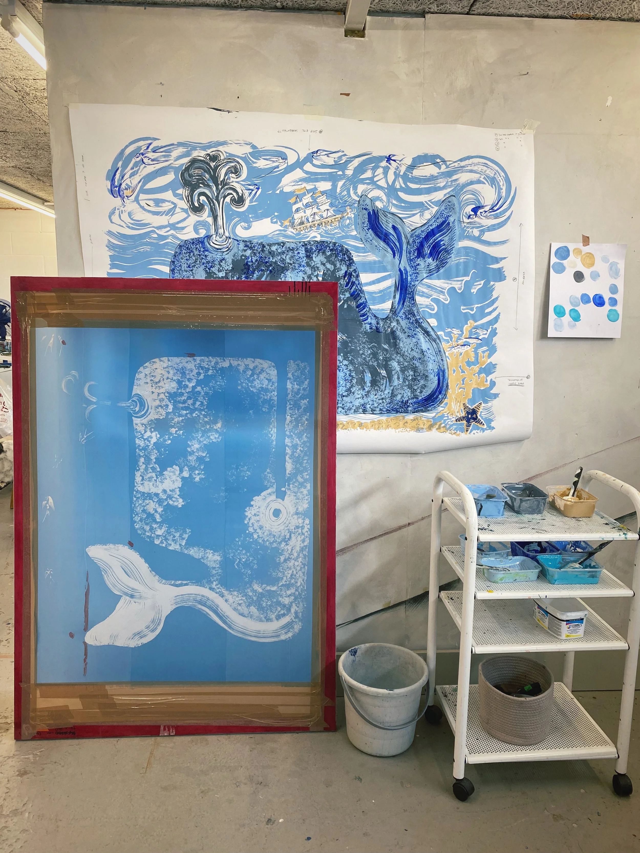 Prep for our upcoming exhibition with my @themarangerie family art collective @risingtidecafe in Portobello 🐳 pop down from tomorrow for the best scones and a fab selection of art works 🙌
