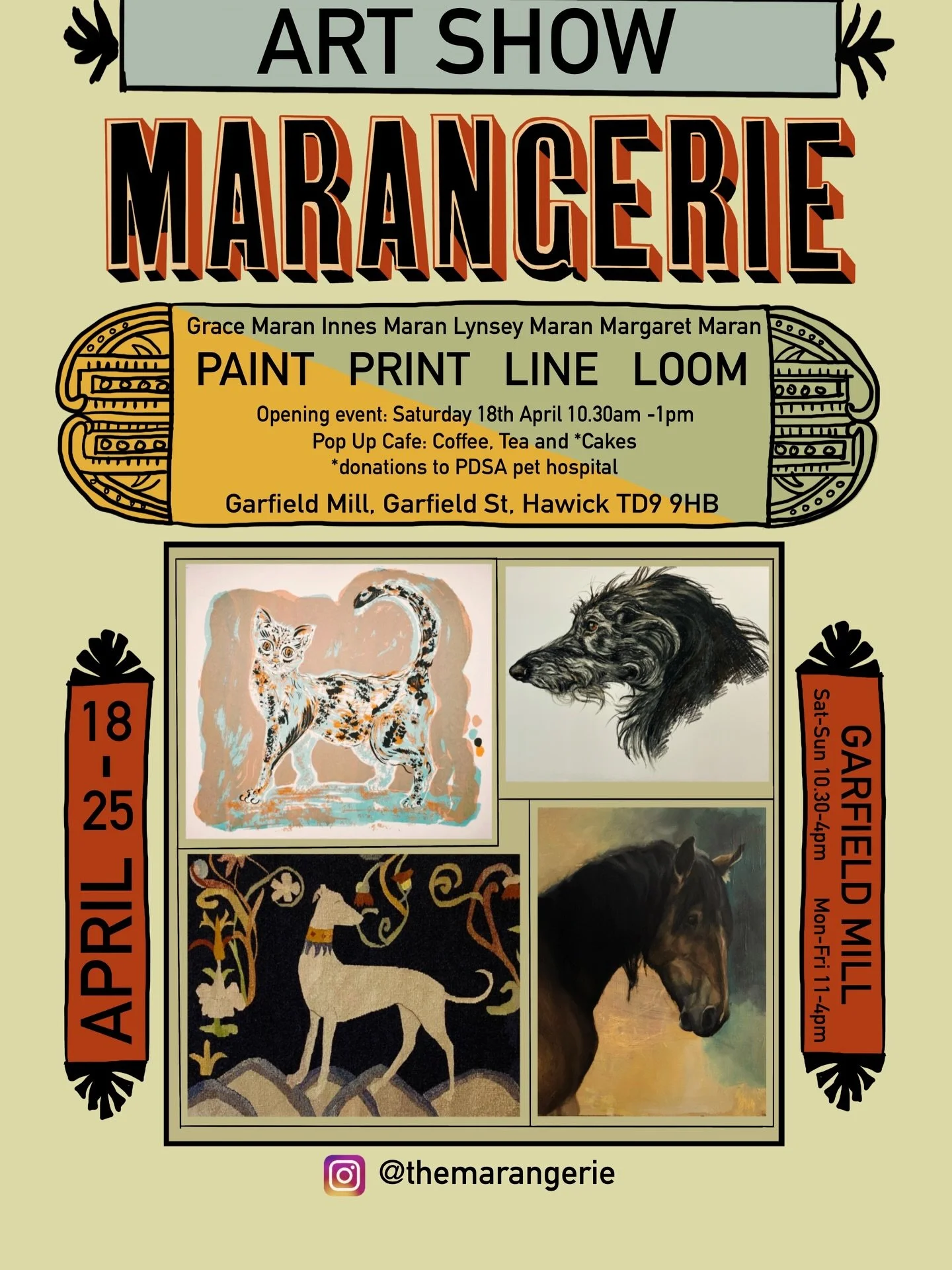 I&rsquo;m delighted to be exhibiting new work alongside my family @themarangerie &mdash; husband-to-be @innesmaranart , sister-in-law @gracemaranartist and mother-in-law Margaret Maran @themarangerie 

18th &ndash; 25th April
Garfield Mill, Hawick

M