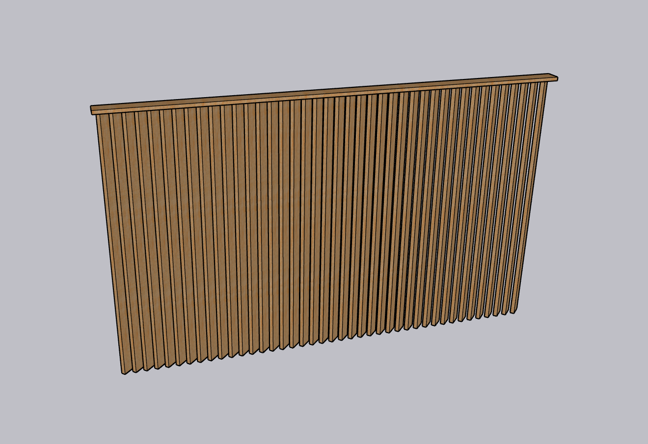 3D rendering of a wooden slat privacy screen or room divider with vertical slats and a straight top edge.