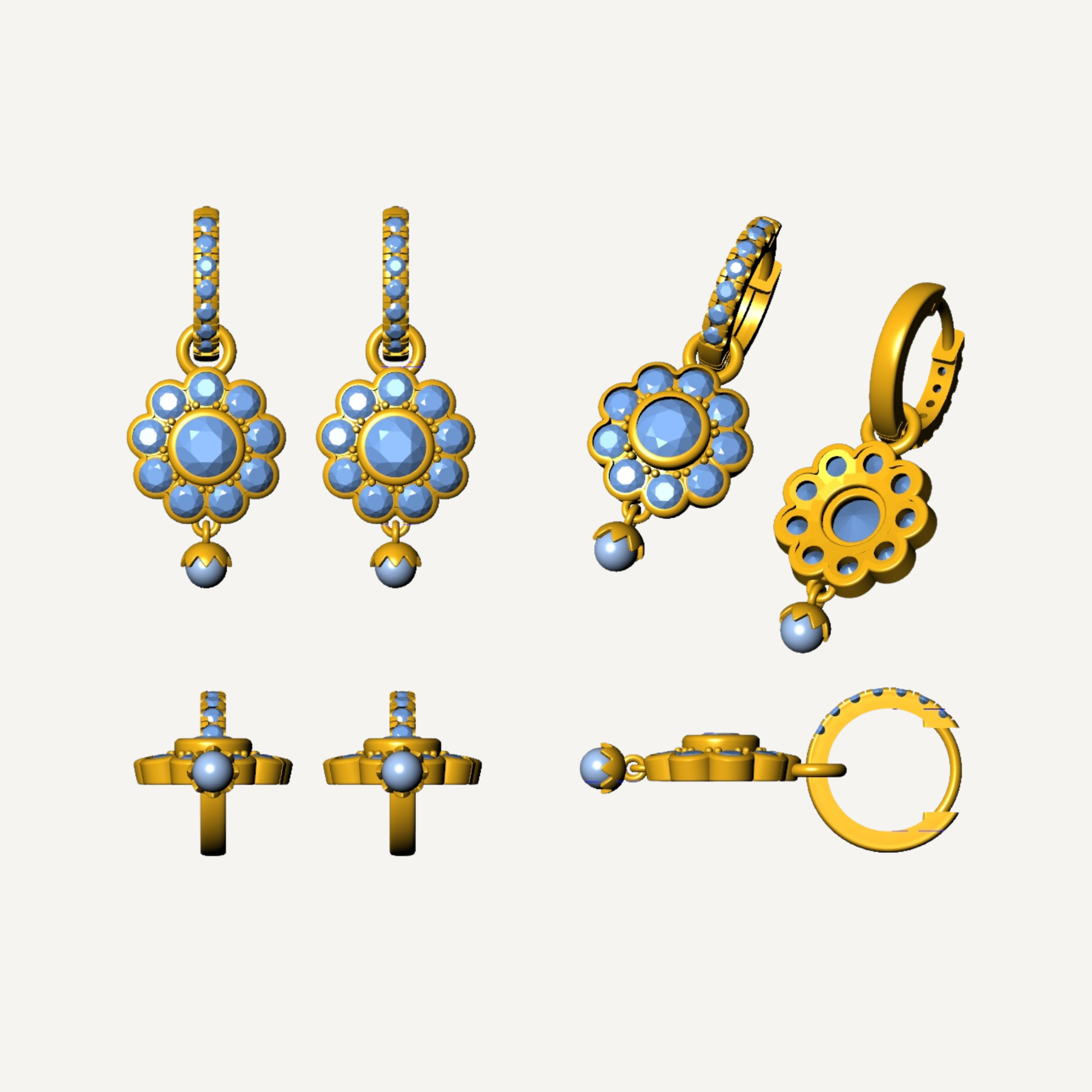Gold jewelry set including earrings, necklace, ring, and bracelet, all decorated with blue gemstones.