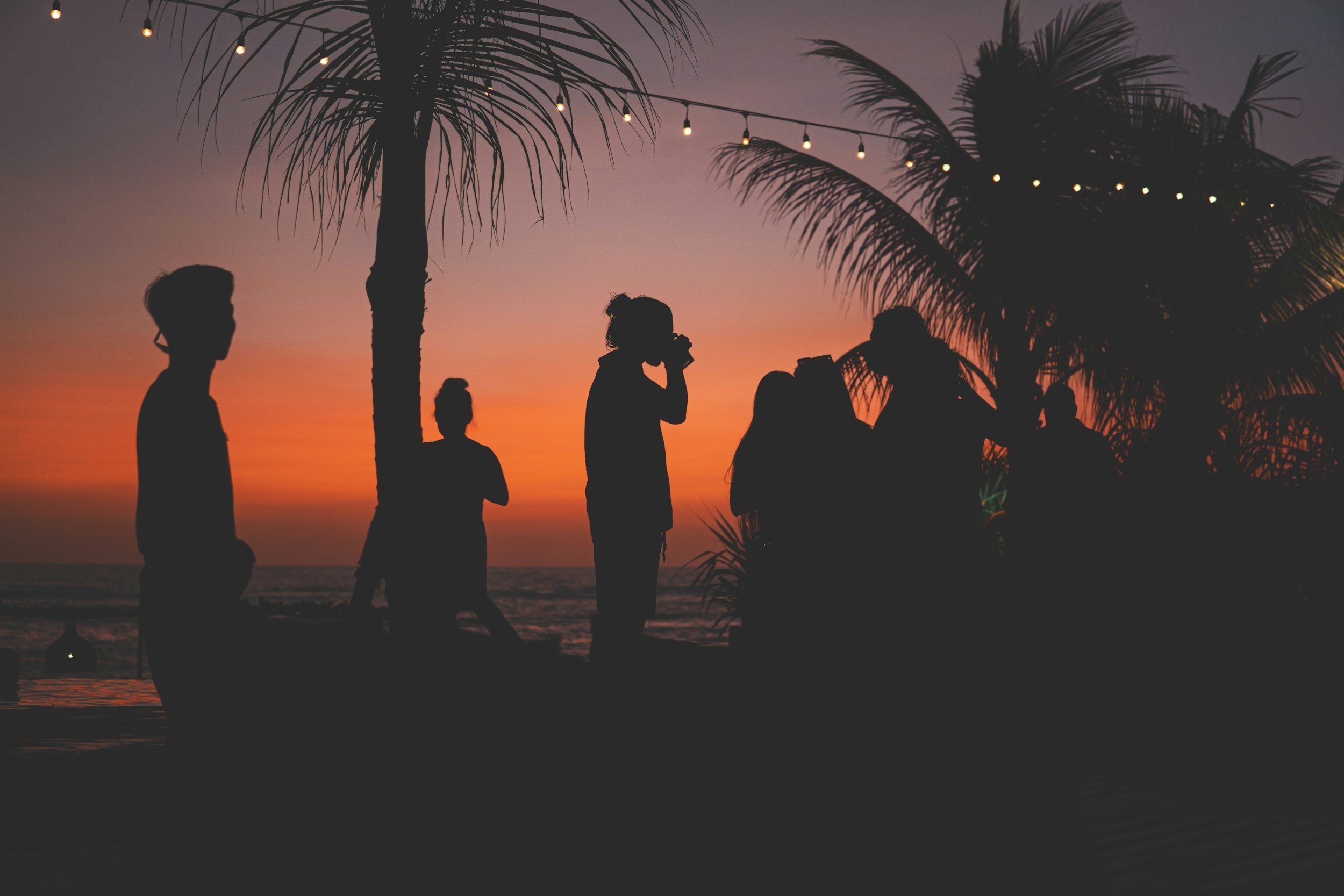 Silhouettes of people enjoying a sunset on a beach with palm trees and string lights overhead.