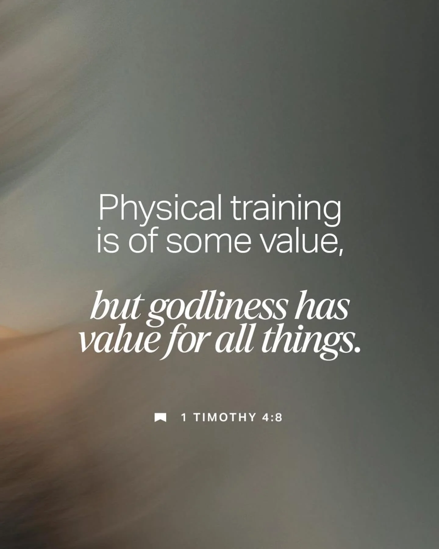 Godliness holds value for ALL things!

1 Timothy 4:8 NIV
For physical training is of some value, but godliness has value for all things, holding promise for both the present life and the life to come.

Thank you God that you care about our whole bein