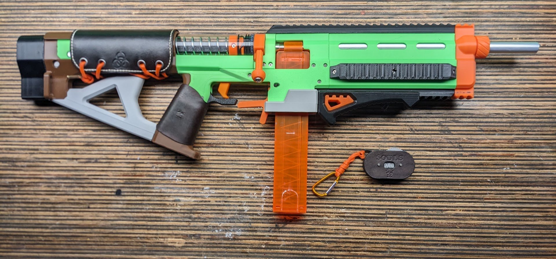 This Cynthia is the second Zombiestrike themed blaster in a series I did fo a client. All the leather is custom, and the kill counter was a fun add on blaster charm.