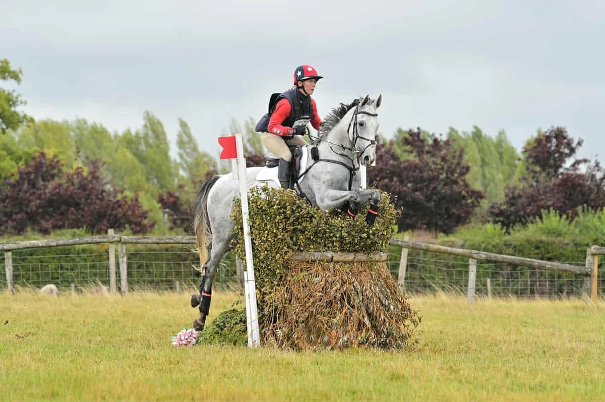 A person riding a gray horse, jumping over an obstacle in an outdoor cross-country equestrian event.