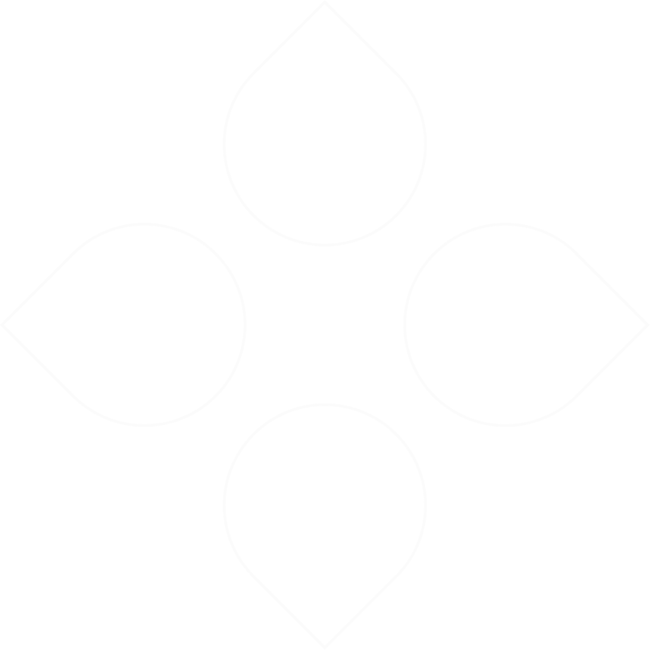 Diagram met vier droplet-vormige vormen rondom een centrale cirkel, verbonden door witte lijnen op een zwart achtergrond.
