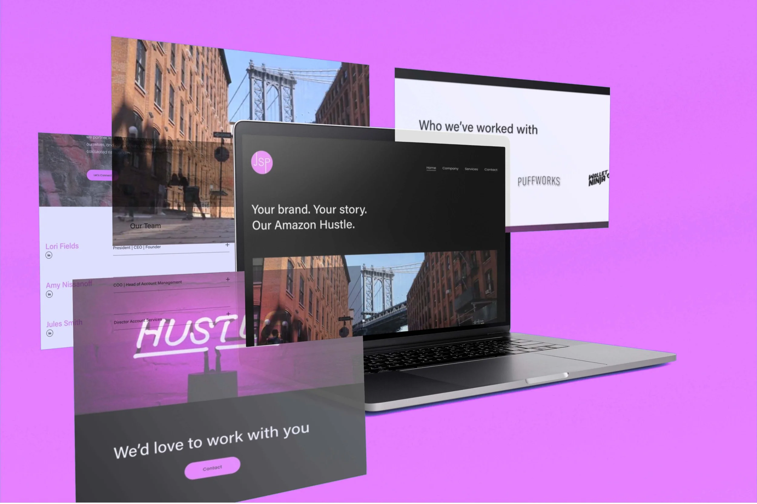 A digital graphic showing a laptop with several overlapping screens of websites and designs, featuring urban cityscapes, team member profiles, and business slogans, set against a purple background.
