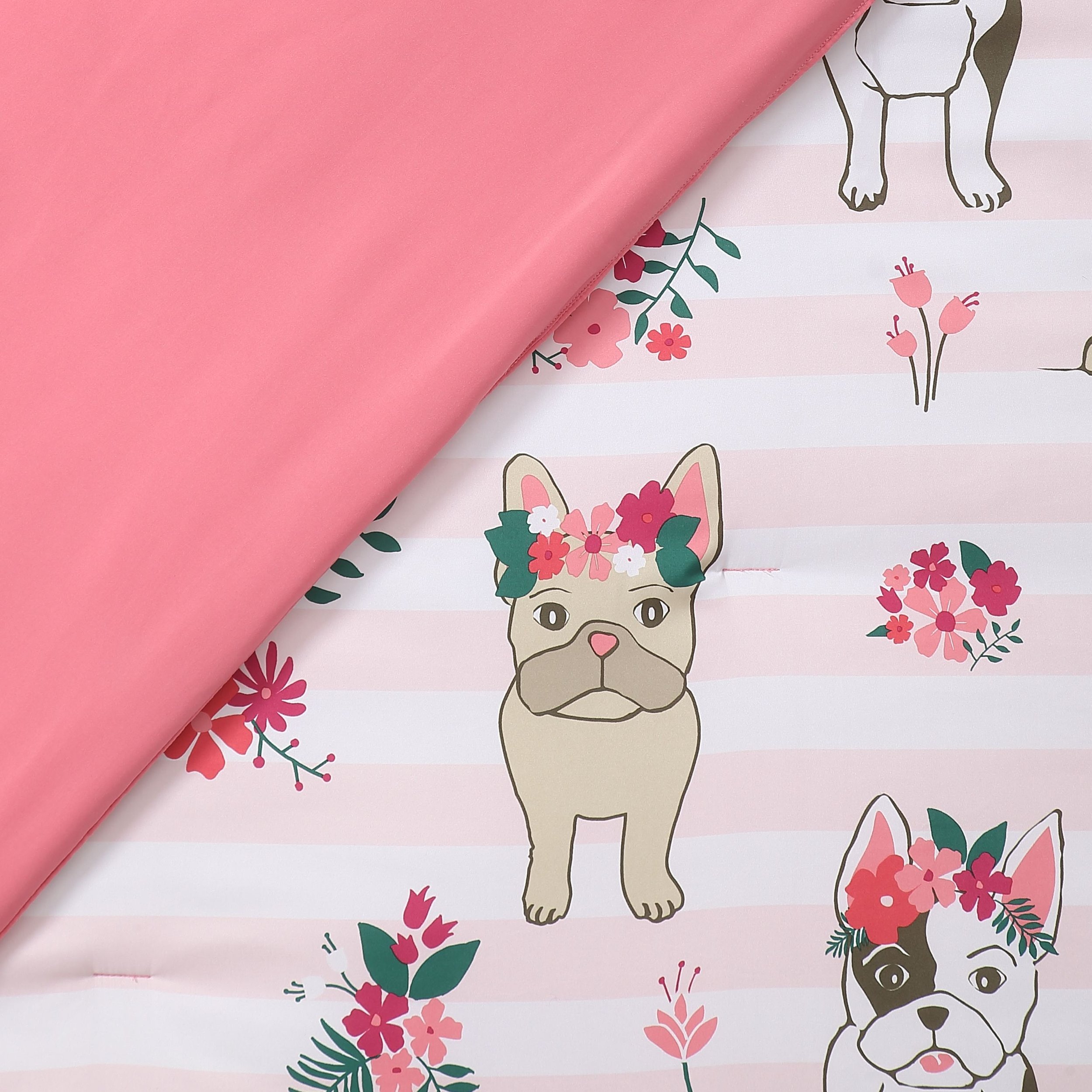 Pattern featuring cartoon French Bulldogs with floral accessories, pink flowers, and pink and white stripes, partially covered by a solid pink fabric.