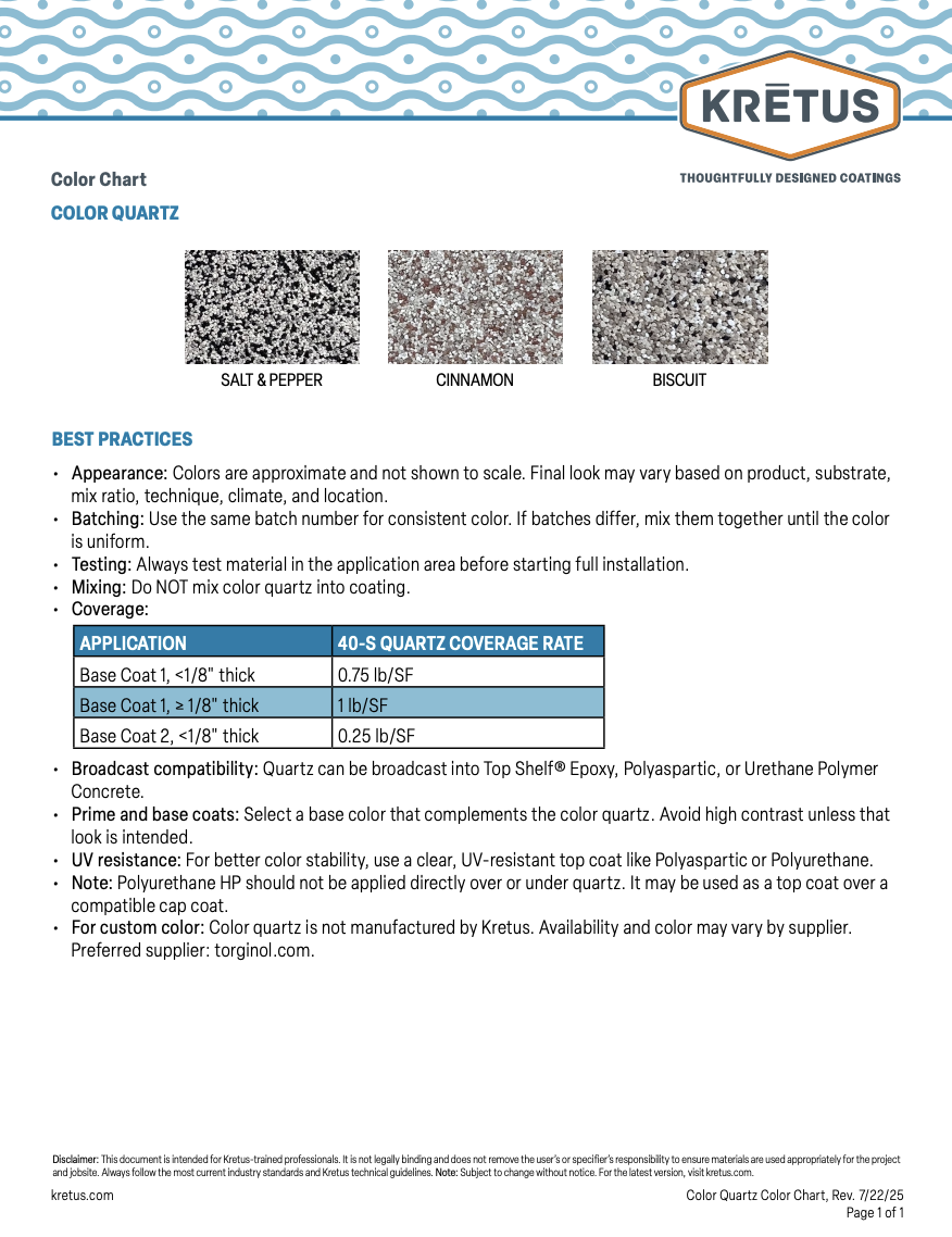 A color chart for Kretus Color Quartz with sample images of Salt & Pepper, Cinnamon, and Biscuit colors.