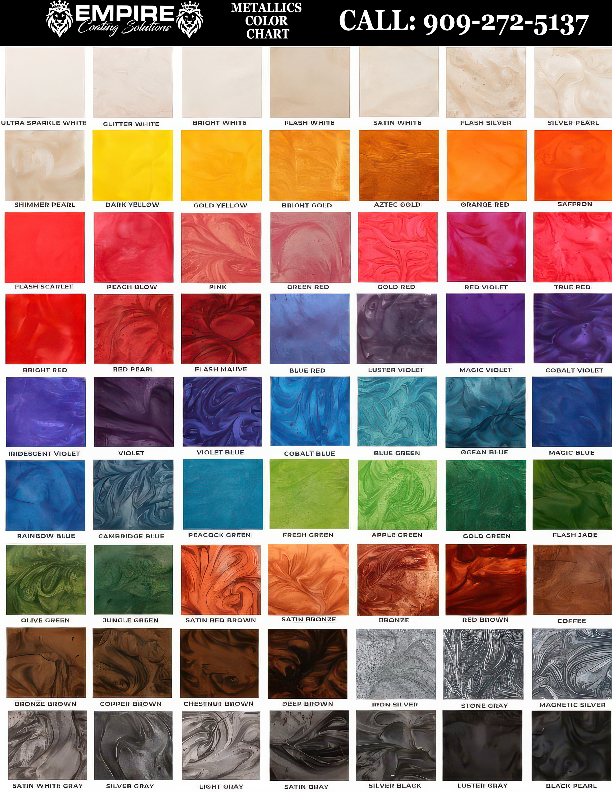 Color chart from Empire Coating Solutions displaying various finishes and colors for coatings, with a black header containing the company logo, name, and contact information. The chart is divided into rows and columns of color swatches, each labeled 