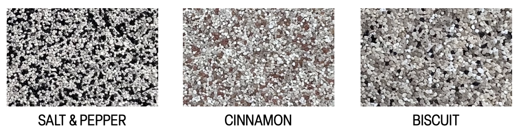 Three close-up images of textured surfaces labeled 'Salt & Pepper', 'Cinnamon', and 'Biscuit'. Salt & Pepper has tiny black and white grains, Cinnamon has small reddish-brown granules, Biscuit has small light tan granules.