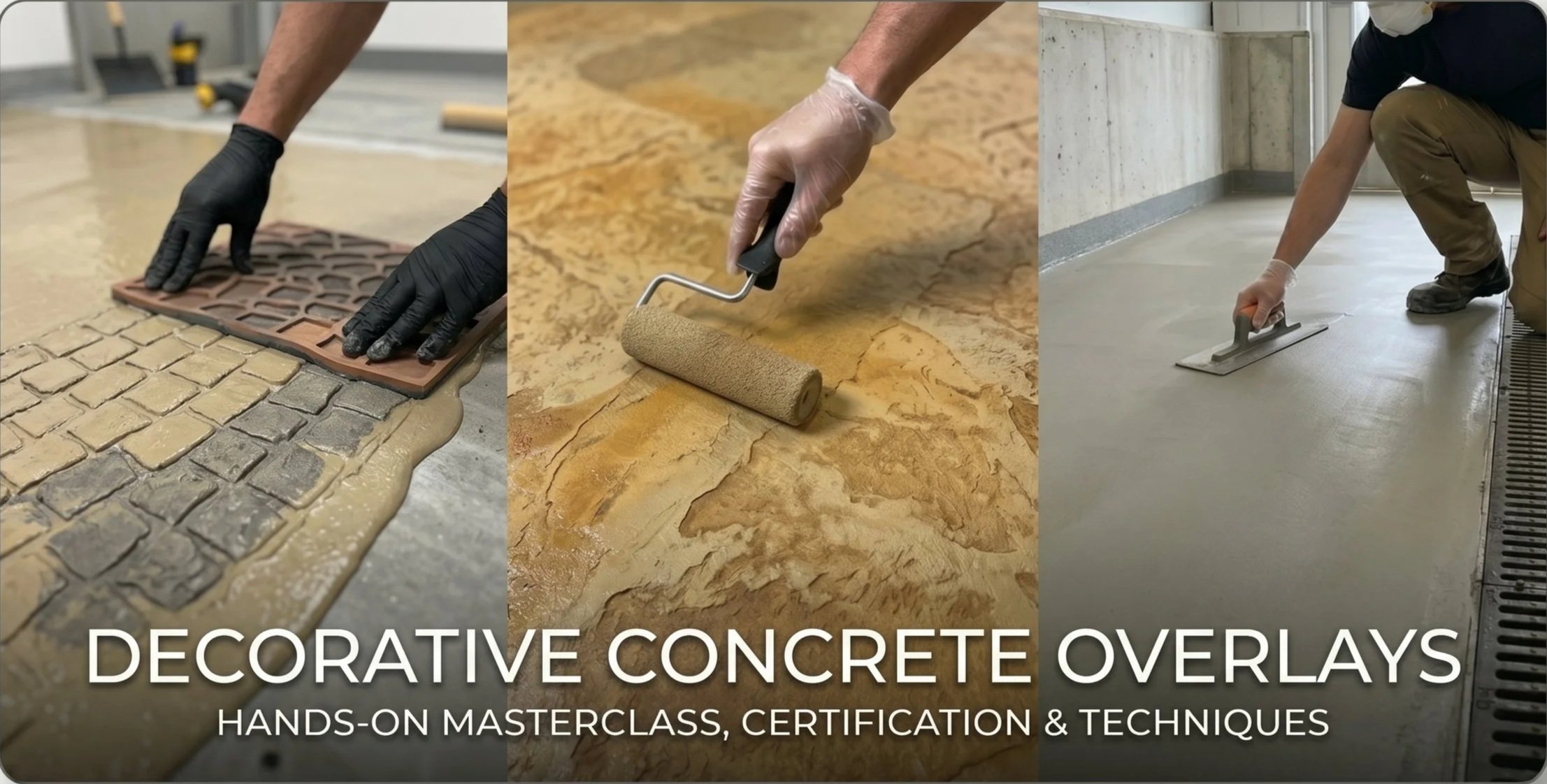 Three images showing various decorative concrete overlay techniques—installing stamped overlay, rolling textured surface, and troweling smooth finish, with the text "Decorative Concrete Overlays" and a caption about a hands-on masterclass and certification.