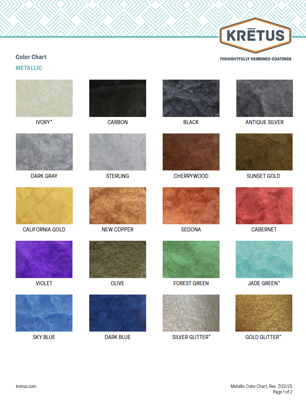 A color chart displaying various metallic colors including Ivory, Carbon, Black, Antique Silver, Dark Gray, Sterling, Cherrywood, Sunset Gold, California Gold, New Copper, Sedona, Cabernet, Violet, Olive, Forest Green, Jade Green, Sky Blue, Dark Blue